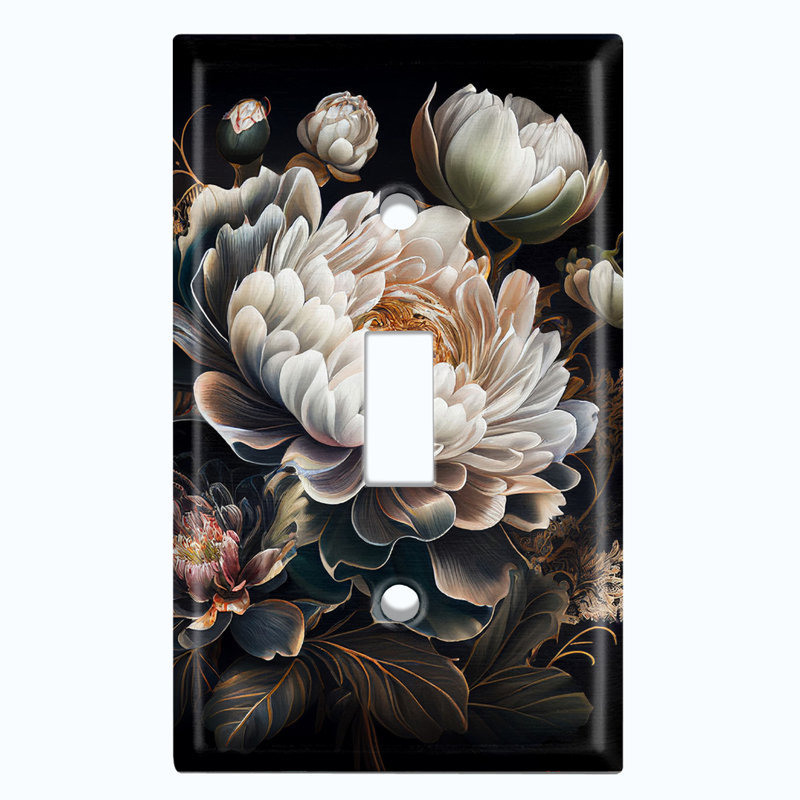 Metal Light Switch Plate Outlet Cover (White Flower Dark Green Leaves - Single Toggle)