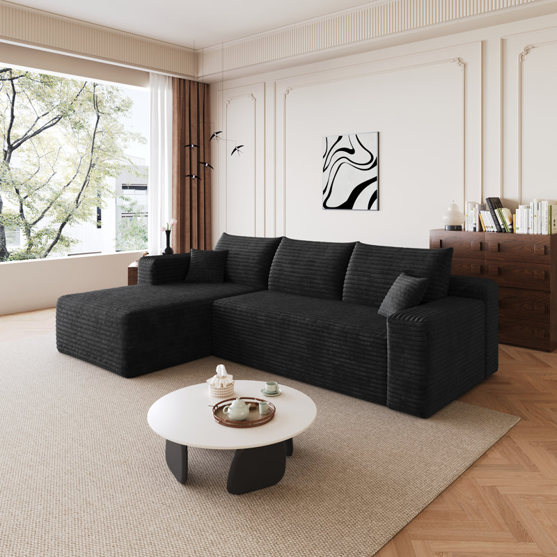 Canapé modulaire en L 94 po avec chaise longue réversible en velours côtelé 94 po, sans assemblage, Velours côtelé noir