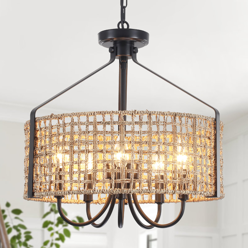 Ekkehard 5 - Light 18.35” Dimmable Metal Drum Rattan Bohemian Candle Chandelier With Seagrass Shade, Black