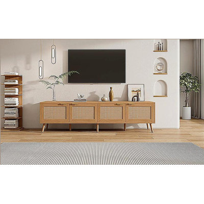 Meuble télé 70 po avec portes en rotin pour téléviseur de 80 po ou moins, console média avec espace de rangement et trous pour câbles, centre de divertissement