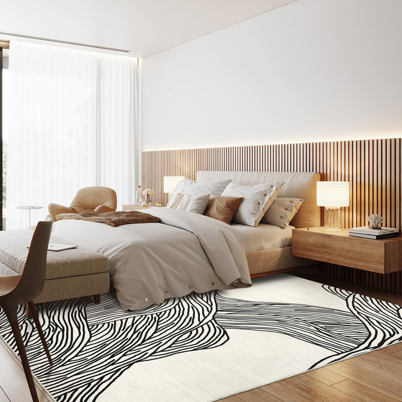  Plush Hallway Runner Rug – 350gsm Faux Lamb Wool, Machine Washable, Non-Slip, Modern Swimming Pattern for Entryway, Kitchen (Black & White)