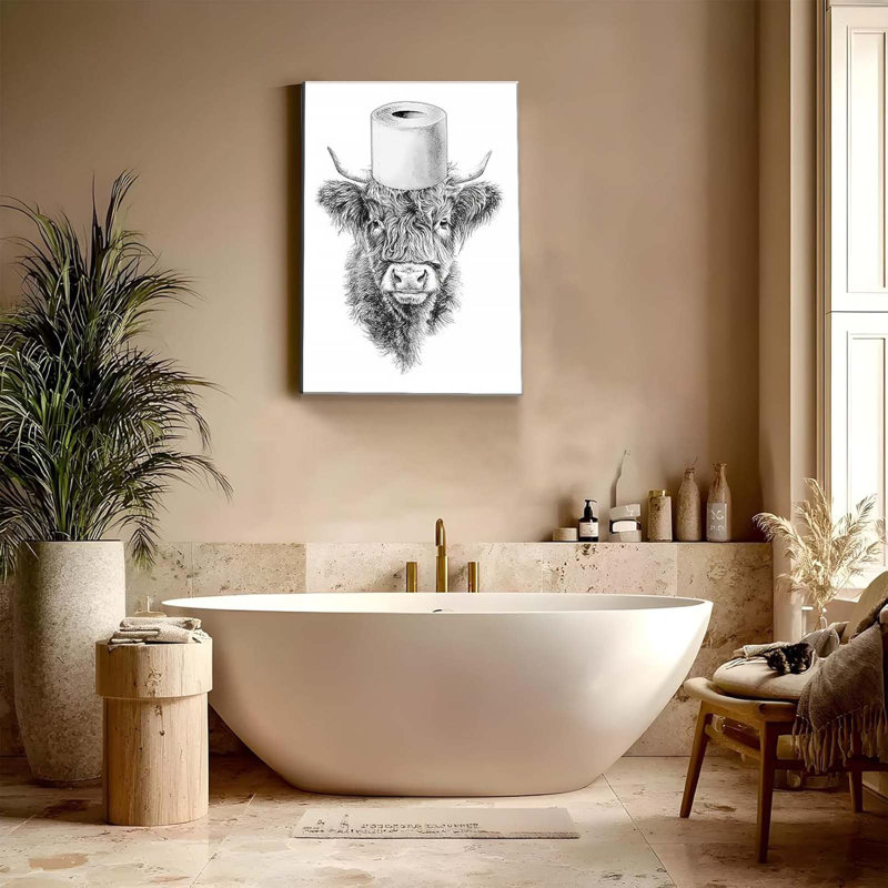Funny Highland Cow Canvas Wall Art Decor, Highland Cow With Toilet Paper Roll On Head Wall Art, Animal Bathroom Canvas Print Artwork For Bathroom Toilet Restroom Wall Decor