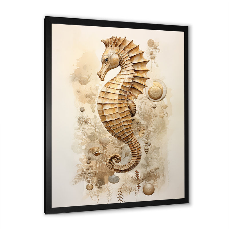 Hippocampe magique beige III sur toile, Cadre simple noir, H 40 po x l 30 po x P 1,5 po