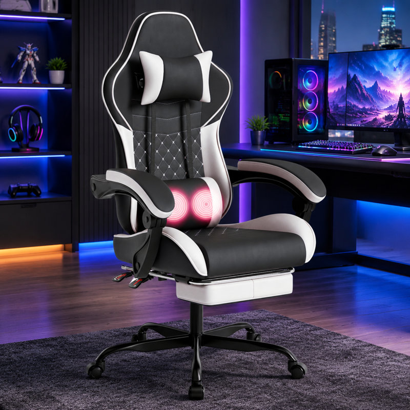 Fauteuil de jeu ergonomique de style course avec support lombaire massant et repose-pieds, Black/White