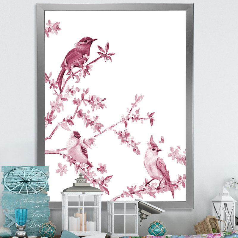 Beautiful Pink Birds - Peinture sur toile encadrée, H 40 po x l 30 po x 1,5 po, Encadrement argenté