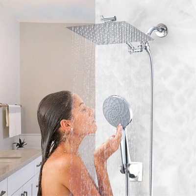 Chrome Shower Head, 10 Inch High Pressure Rainfall Shower Head/Handheld Shower Combo with 11 Inch Extension Arm, 6 Settings Adjustable Anti-leak Shower Head with Holder/Hose, Height/Angle Adjustable