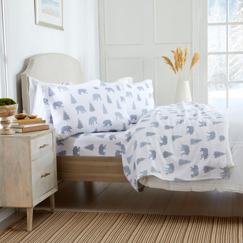 Full Grey Bears Cotton Flannel Deep Pocket Sheet Set