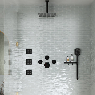12”Ceiling Mounted Thermostatic Rainfall Shower System with 3 Body Jets and Storage Shelf