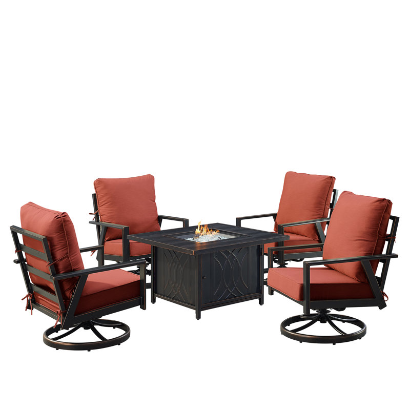 Ensemble de table de foyer en aluminium noir avec quatre fauteuils club, Rouge
