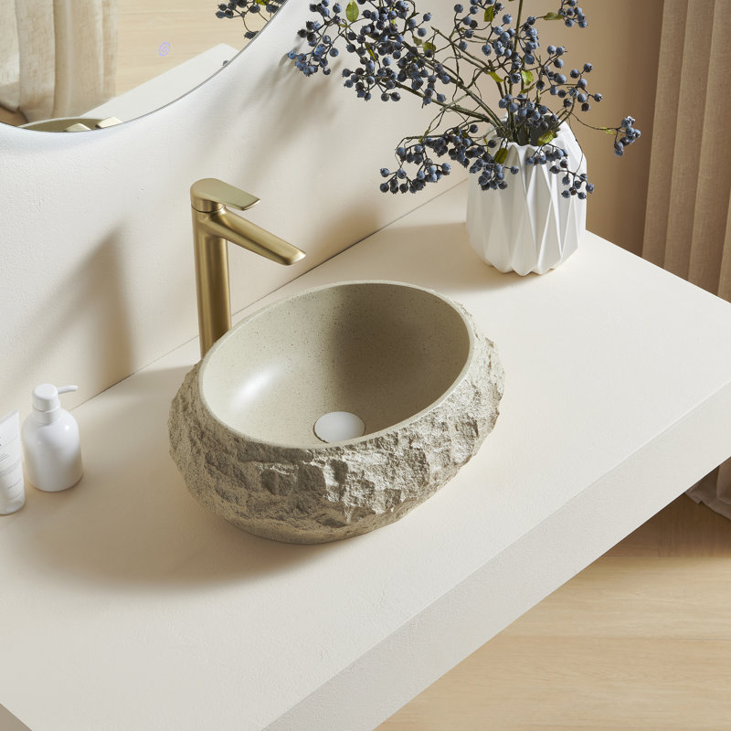Luna 18'' Bathroom Sink, Irregular Oval Resin Vessel Basin With Stone Pattern, Artistic Style Sink, No Faucet, Beige Color 