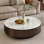 Table basse ronde moderne de 35,5 po, plateau en pierre frittée blanc brillant, table basse en bois massif brun pour le salon
