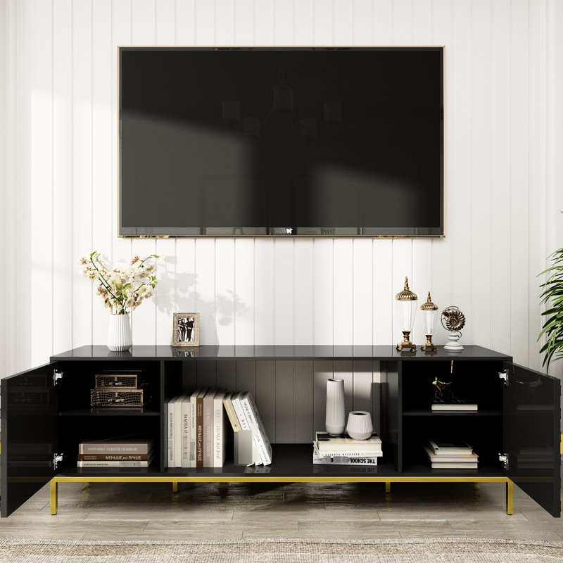 Meuble télé robuste de 70 pouces, console multimédia noire avec rangement, étagères ouvertes, poignées triangulaires et emplacement pour foyer électrique. Design alvéolé. Étagère réglable. Style contemporain.