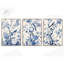Set of 3 blue and white chinoiserie wall art prints featuring floral and bird motifs.