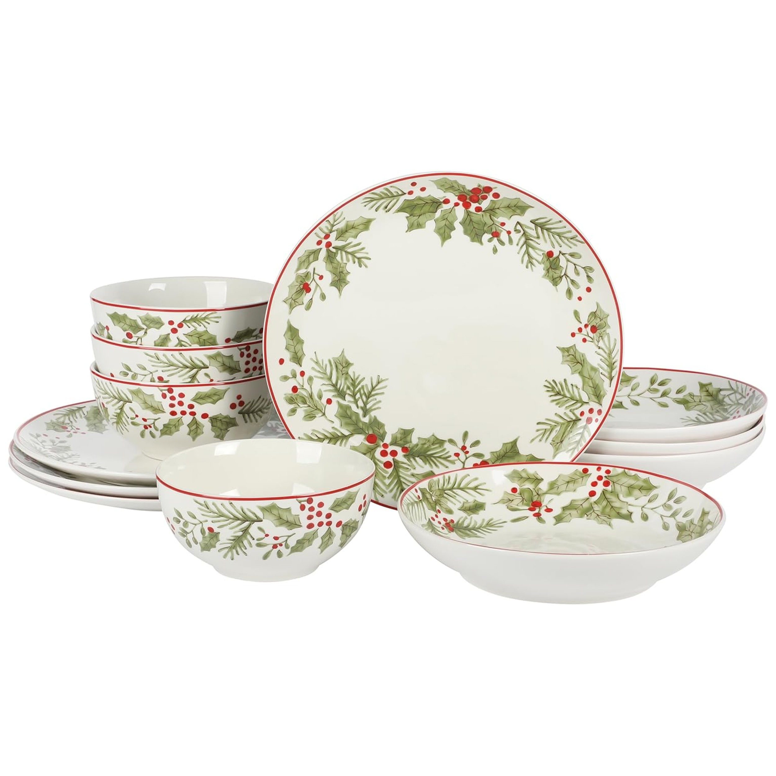Gibson Home Festive Berries 12 Piece Double Bowl Fine Ceramic