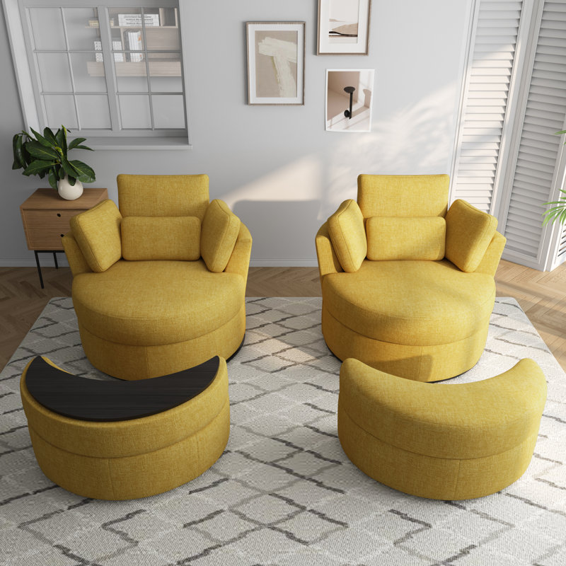 Upholstered Swivel Lounge Armchair With Storage Ottoman(Set of 2), Mustard Polyester Blend
