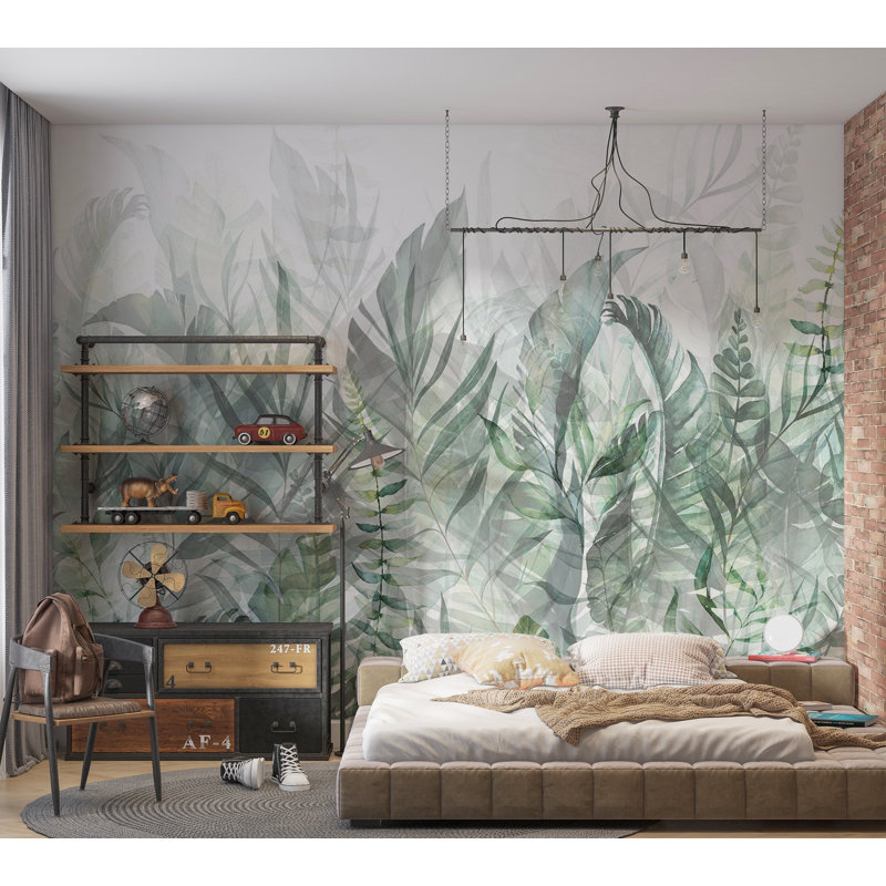 Papier peint botanique - vert bosquet magique, L 124 po x l 177 po