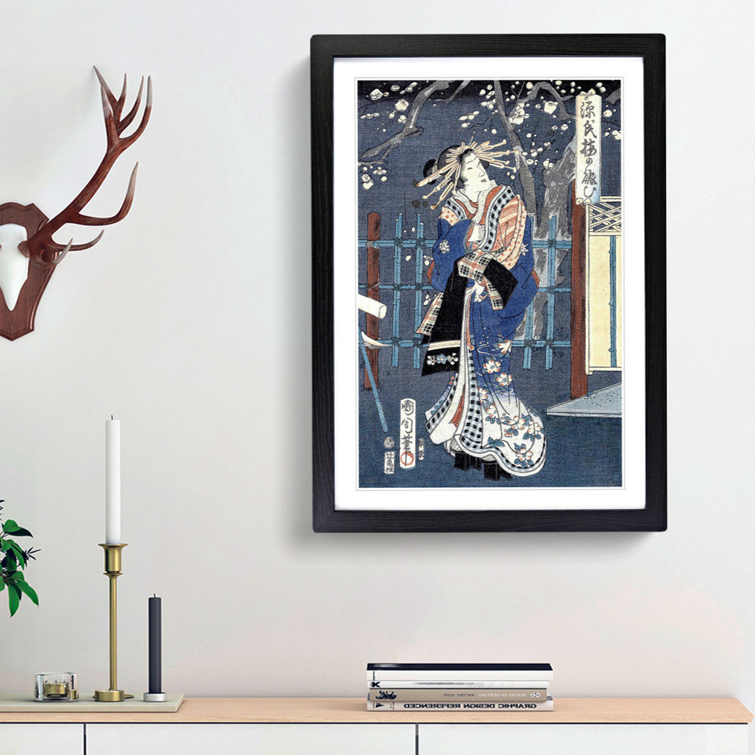 Courtesan with Plum Blossoms by Toyohara Kunichika - Framed Print