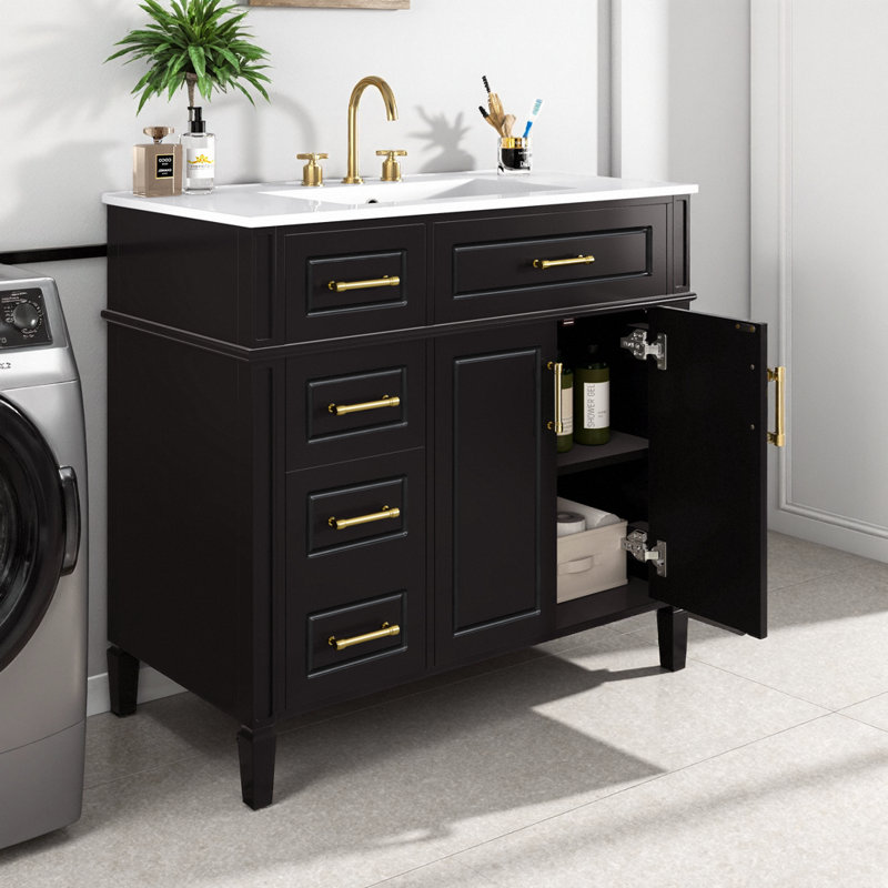 Meuble-lavabo de luxe 36 po avec lavabo, armoire noire avec 4 tiroirs (1 rabattable) et 2 portes à fermeture en douceur, poignées dorées, meuble-lavabo autoportant moderne