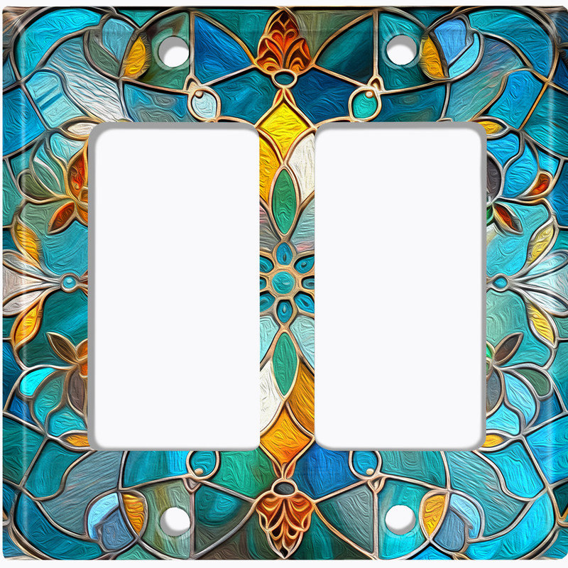 Plaque d'interrupteur en métal ; interrupteur à bascule double GFI, format standard américain – motif mandala en mosaïque de vitrail imprimé