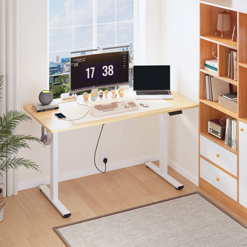 Adjustable Standing Desk, Whole-Piece Desktop, Maple/White, 55" W x 28" D