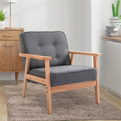 Fauteuil d'appoint rembourré en tissu de bois Mid-Century moderne capitonné gris
