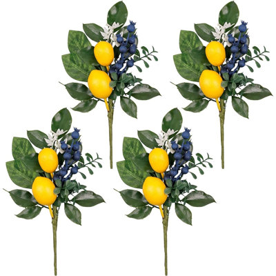4 Pack Artificial Lemon Picks With Blueberries And Eucalyptus Leaves, Spring Summer Greenery Stems For Vase, Kitchen, Table, Home Decor
