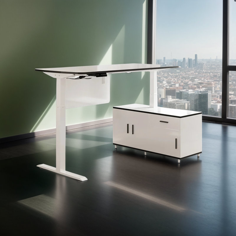 Bureau debout électrique moderne à hauteur réglable en L avec 3 portes et tiroir, Blanc