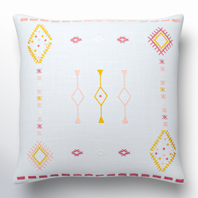 Decatur Embroidered Down Throw Pillow, 22" x 22", Pale Blue/Mustard/Dusty Pink, Down