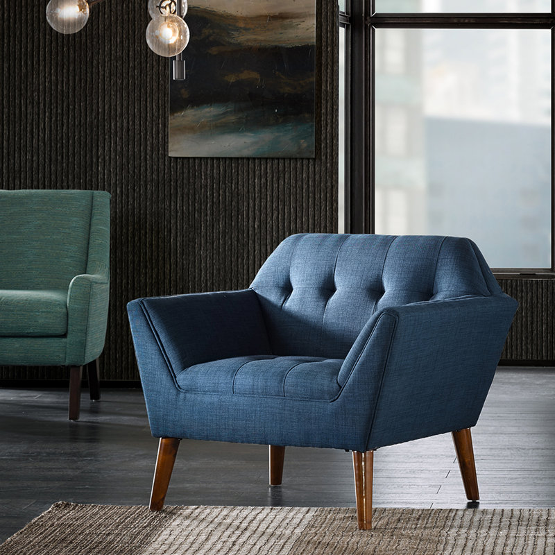 Fauteuil de style Mid-Century moderne, dossier et siège à boutons, accoudoirs, pieds en bois de pacanier, fauteuil bleu avec design Mid-Century, pieds solides en pacane, sièges supplémentaires, revêtement