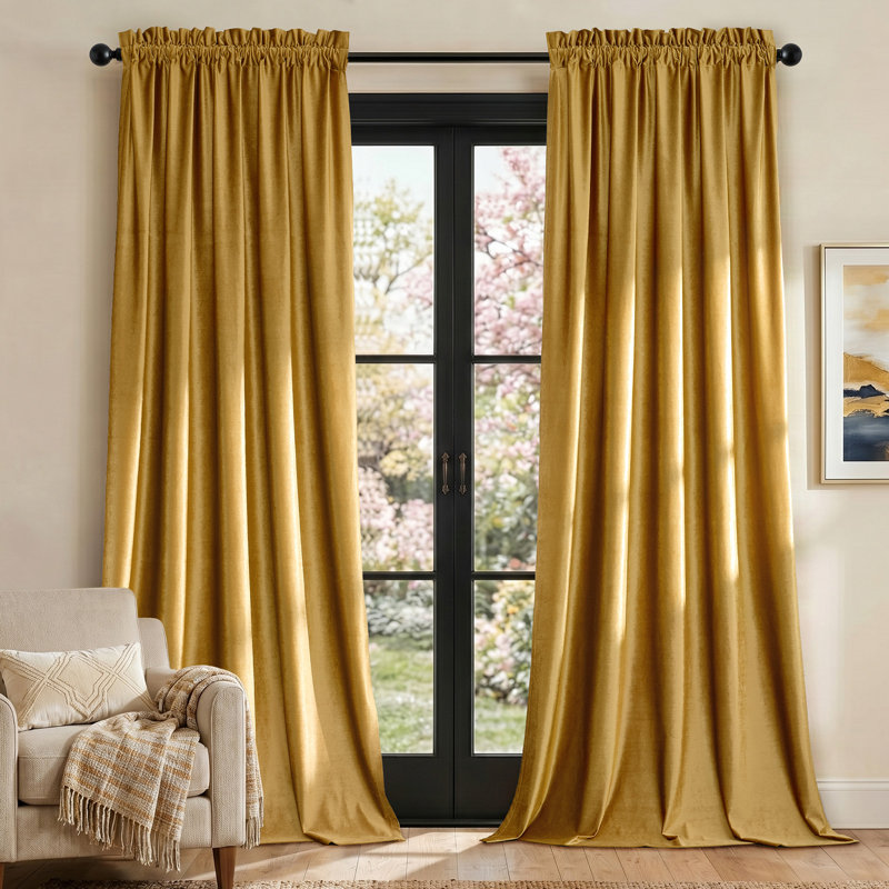Velvet Light Blocking Thermal Insulated Curtain Panel. Room Darkening Window Rod Pocket Drapes Set of 2, GOLD, 52"W x 90"L