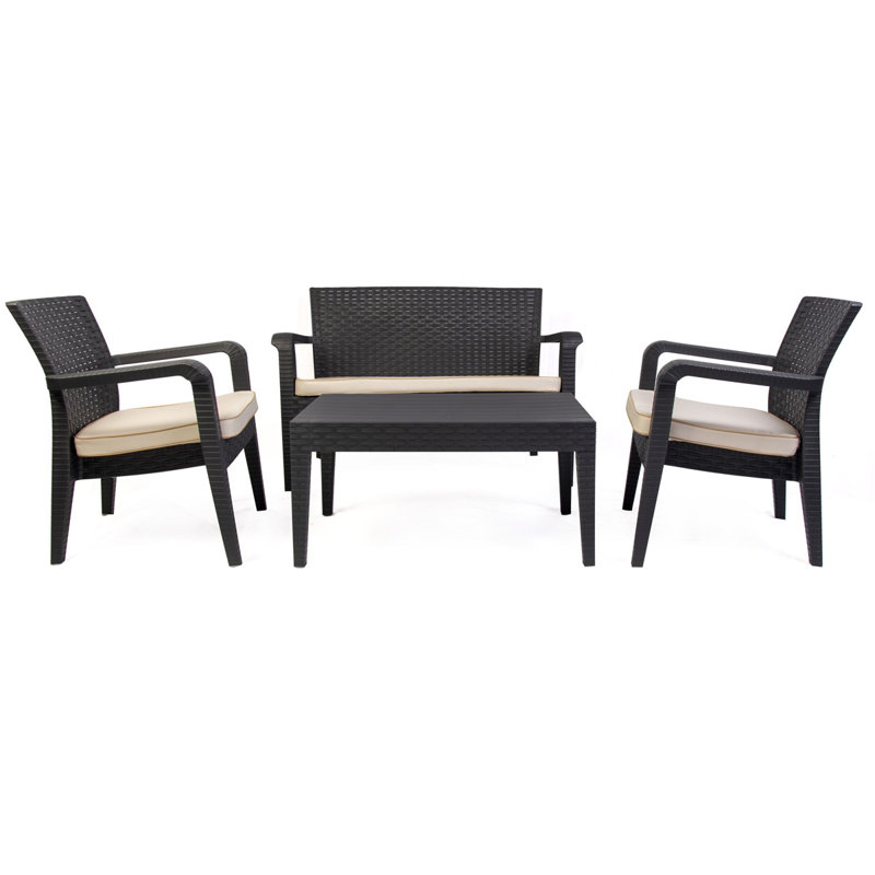 4 - Person Patio Conversation Set with Cushions, Black, Cream