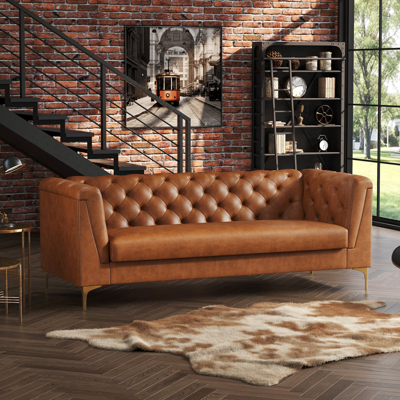 Canapé Chesterfield 80,7 po en similicuir, canapé 3 places avec pieds en métal doré pour le salon, Similicuir brun, Doré