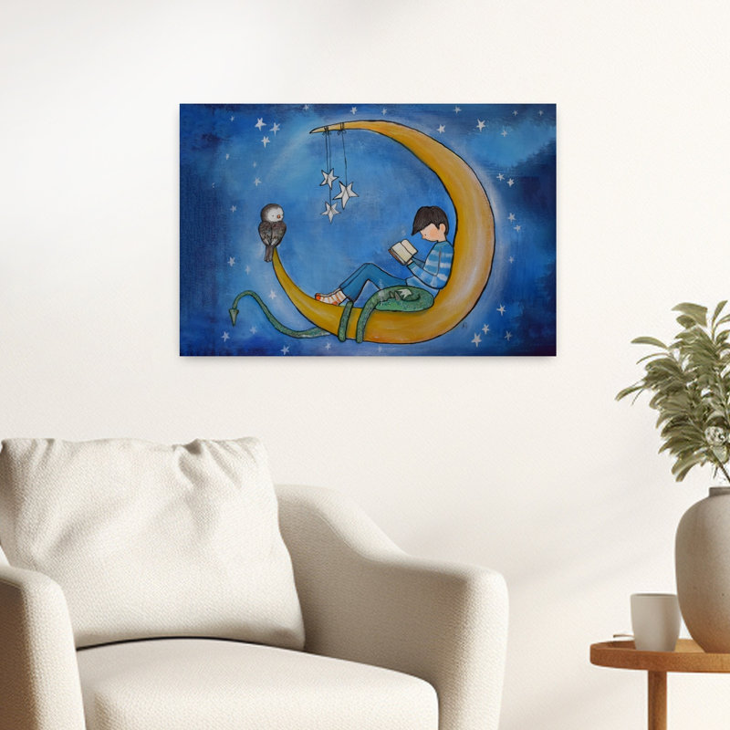 Garçon lisant sur la lune, art mural abstrait contemporain avec oiseau hibou et paysage forestier, H 16 po x l 24 po