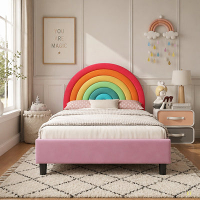 Rainbow Design Upholstered Twin Platform Bed Cute Style Princess Bed For Boys & Girls, Teens