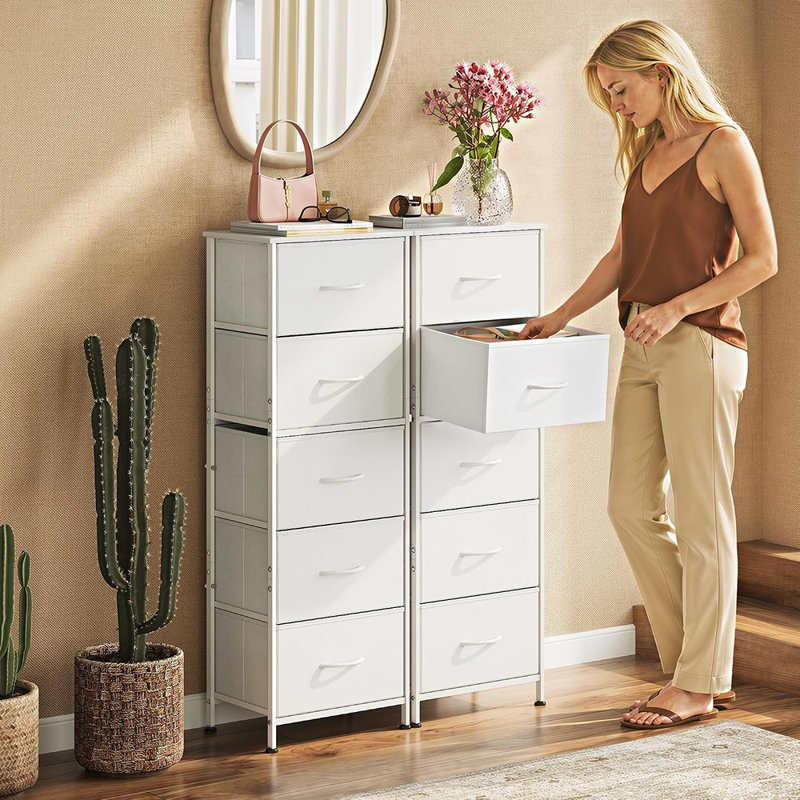 Commode haute blanche à 5 tiroirs, meuble de rangement pour chambre, commode moderne