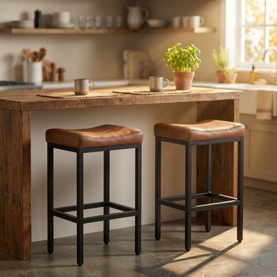 Bar Stools Set Of 2, 25" Backless Counter Height Bar Stools With Soft Leather Seat And With Footrest, 400 Lb Heavy Duty Padded Saddle Barstool Chair For Modern Kitchen Island Counter