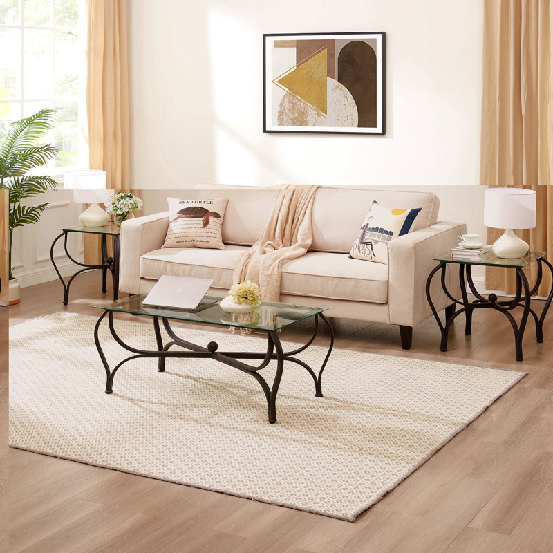 Ensemble de 3 tables basses décoratives en verre trempé avec 2 tables de bout carrées et une conception robuste et robuste pour le salon (noir rustique)