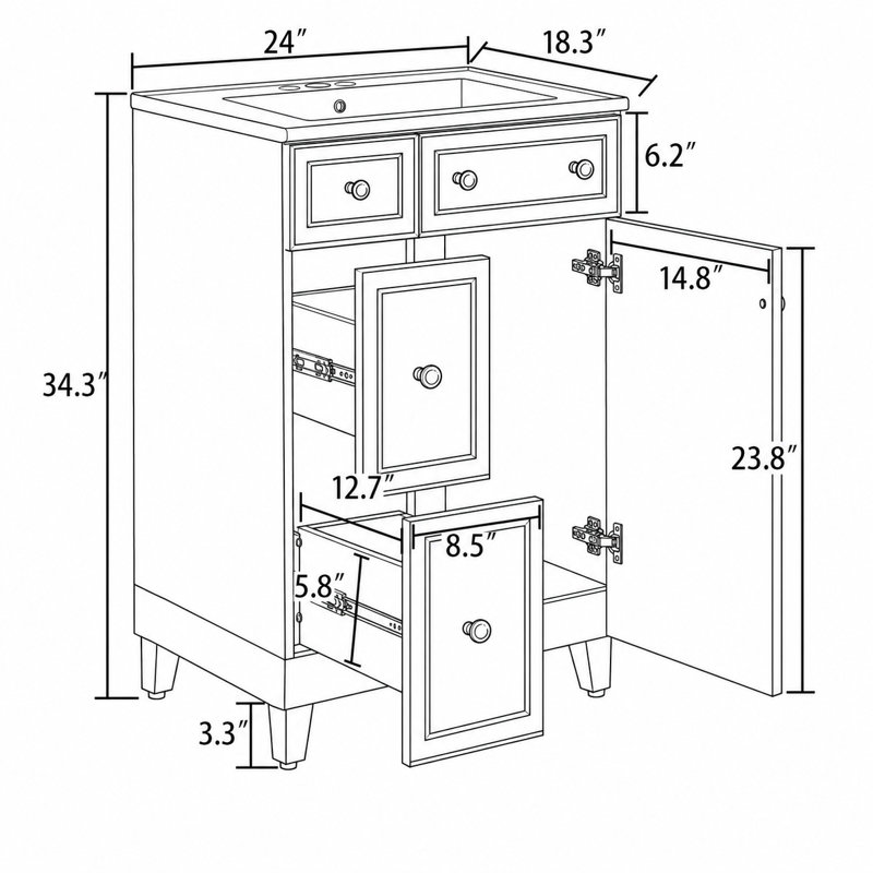 Meuble-lavabo de style moderne 24 po avec lavabo en céramique, 2 tiroirs, 1 porte, Noir / argenté
