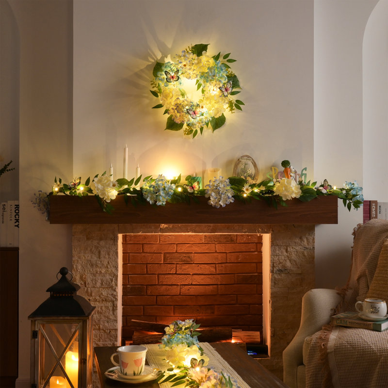  Couronnes de printemps pour la porte d'entrée avec lumières, hortensias en soie et fleurs d'eucalyptus papillon pour la maison