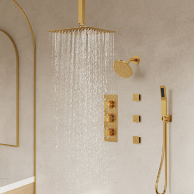 Thermostatic Dual Showerheads System, Ceiling Mount 12" High-Pressure Rainfall Shower Faucet with Handheld Spray and Body Jet