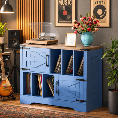 Large Record Player Stand, 39" Farmhouse Turntable Stand with Barn Doors, Holds Up to 450 Albums, Multi-Functional Curved Vinyl Record Cabinet for Living Room or Bedroom, Blue