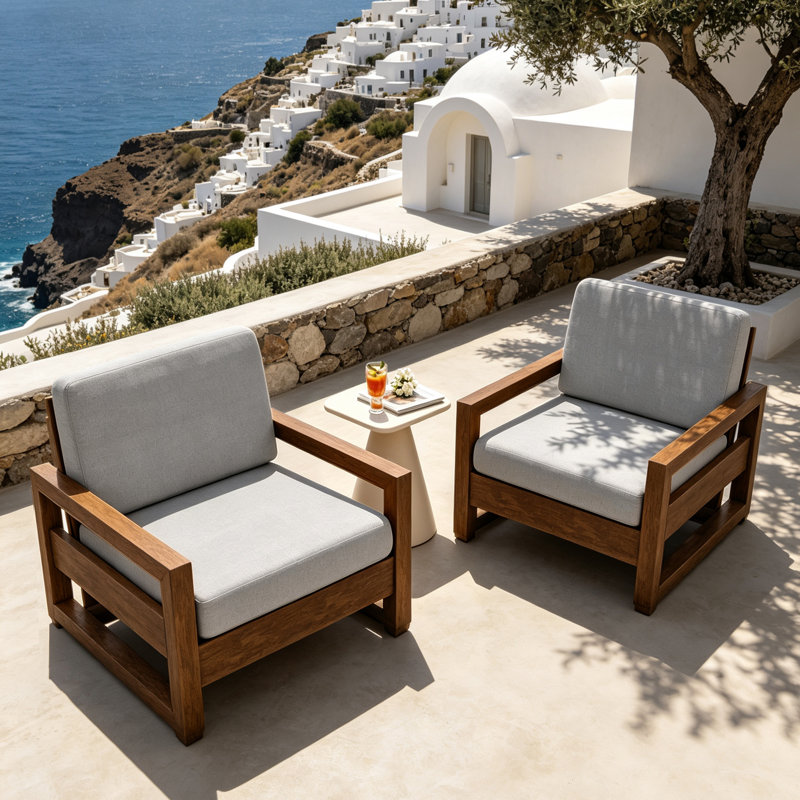 Chaises longues d'extérieur en teck avec coussin et accoudoirs Gustina, Light Grey, Natural Wood