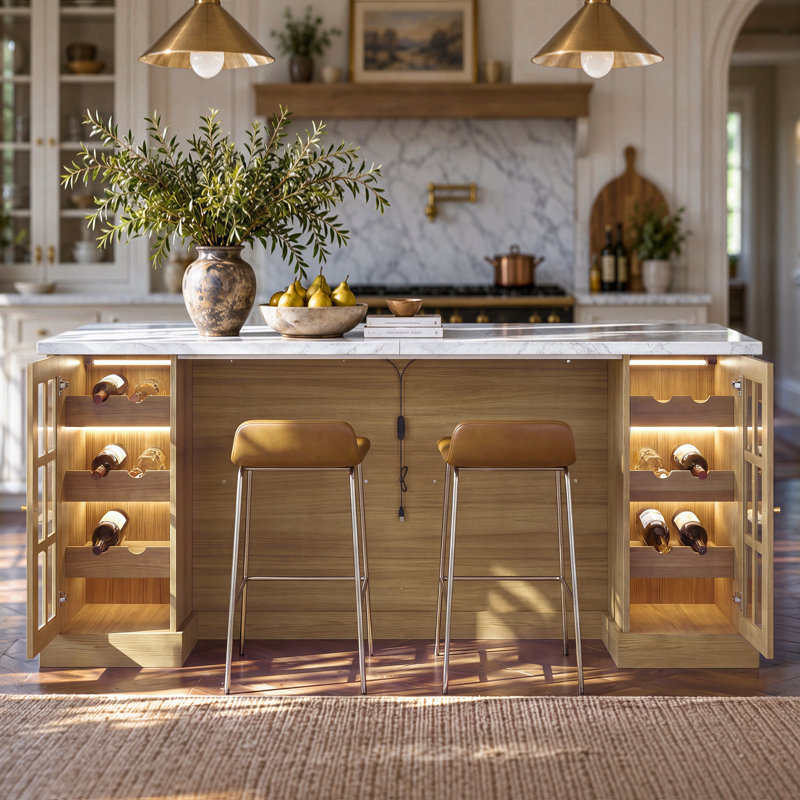 Îlot de cuisine de 200 cm de large avec 6 tiroirs, armoires vitrées, rangement pour bouteilles et éclairage, couleur naturelle