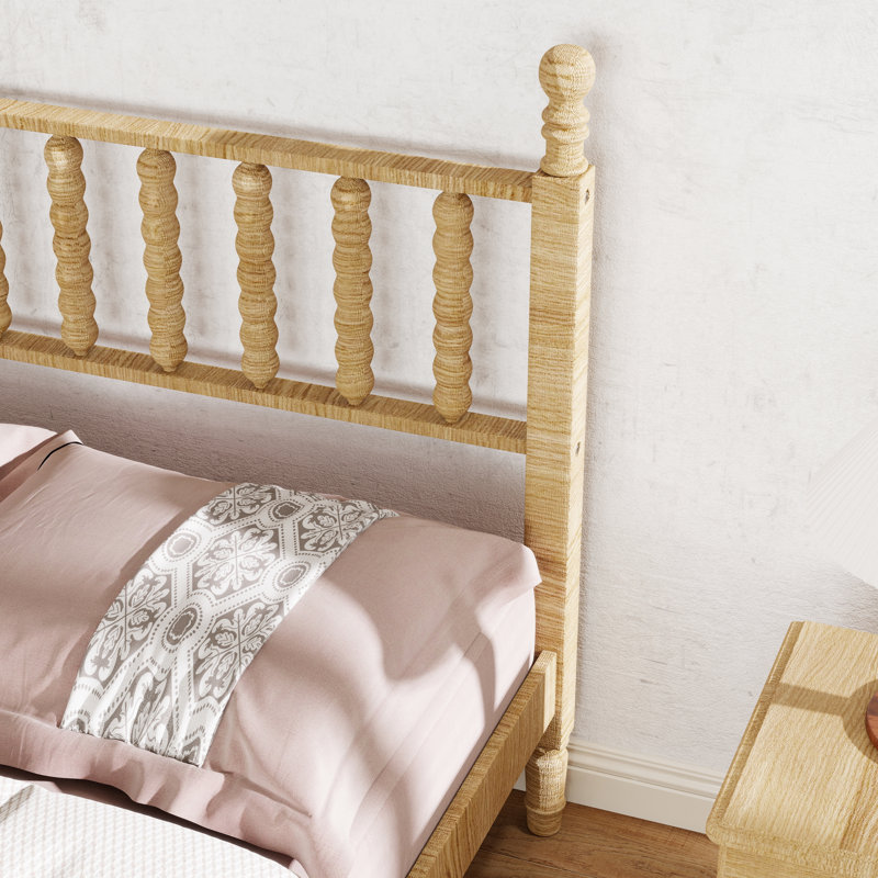 Lit plateforme en bois de style rétro avec tête de lit en forme de gourde et support à lattes, Naturel, Lit double