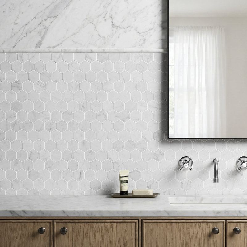 Carrara 1x6 Stacked Honed Marble Mosaic Floor and Wall Tile, 1.88" W x 1.88" L, Honed, Honeycomb