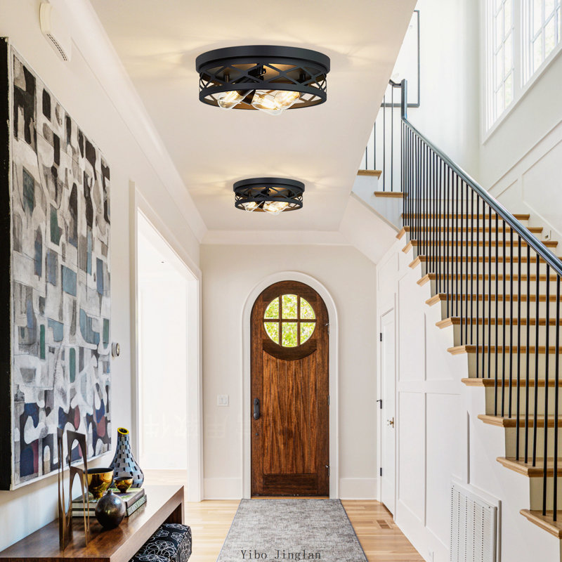 2-Pack 3-Light Matte Black Industrial Flush Mount Round Ceiling Light