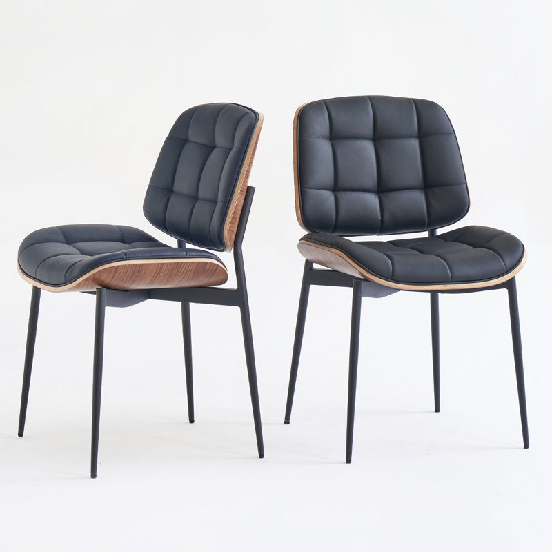 Chaises de salle à manger Mid-Century modernes avec dossier en grain de noyer, ensemble de 2 chaises de salle à manger en similicuir noir
