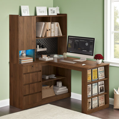 Bureau d'ordinateur d'angle en L avec ports de charge USB, prises de courant, bureau d'écriture avec armoire, bibliothèque