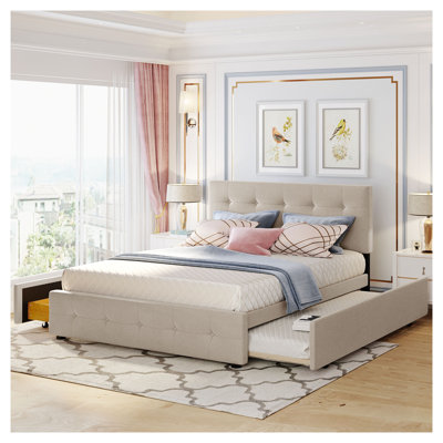 Grand lit plateforme tapissier avec lit gigogne simple et tiroirs de rangement, structure de tête de lit capitonnée en tissu de lin beige