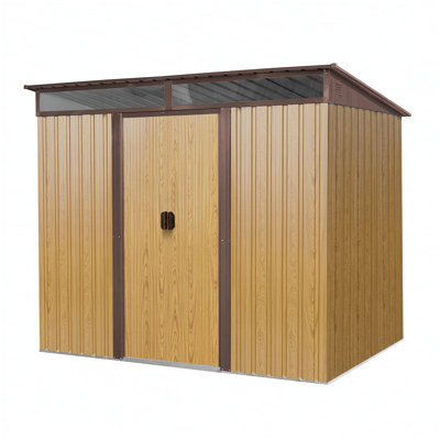 Coffret de rangement extérieur en métal de 2,4 m x 1,8 m avec portes coulissantes verrouillables et plaque transparente pour jardin, pelouse (couleur café)